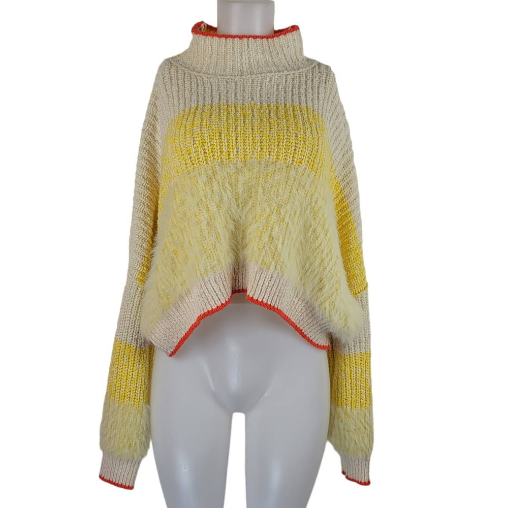 Free People Yellow White Orange Heavy Knit Winter Warm Sweater XL